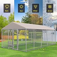 Vista 3 de Lyromix Perrera grande de 10 x 20 pies para perros con cuencos, perrera exterior con cubierta impermeable, galvanizada resistente con cadena