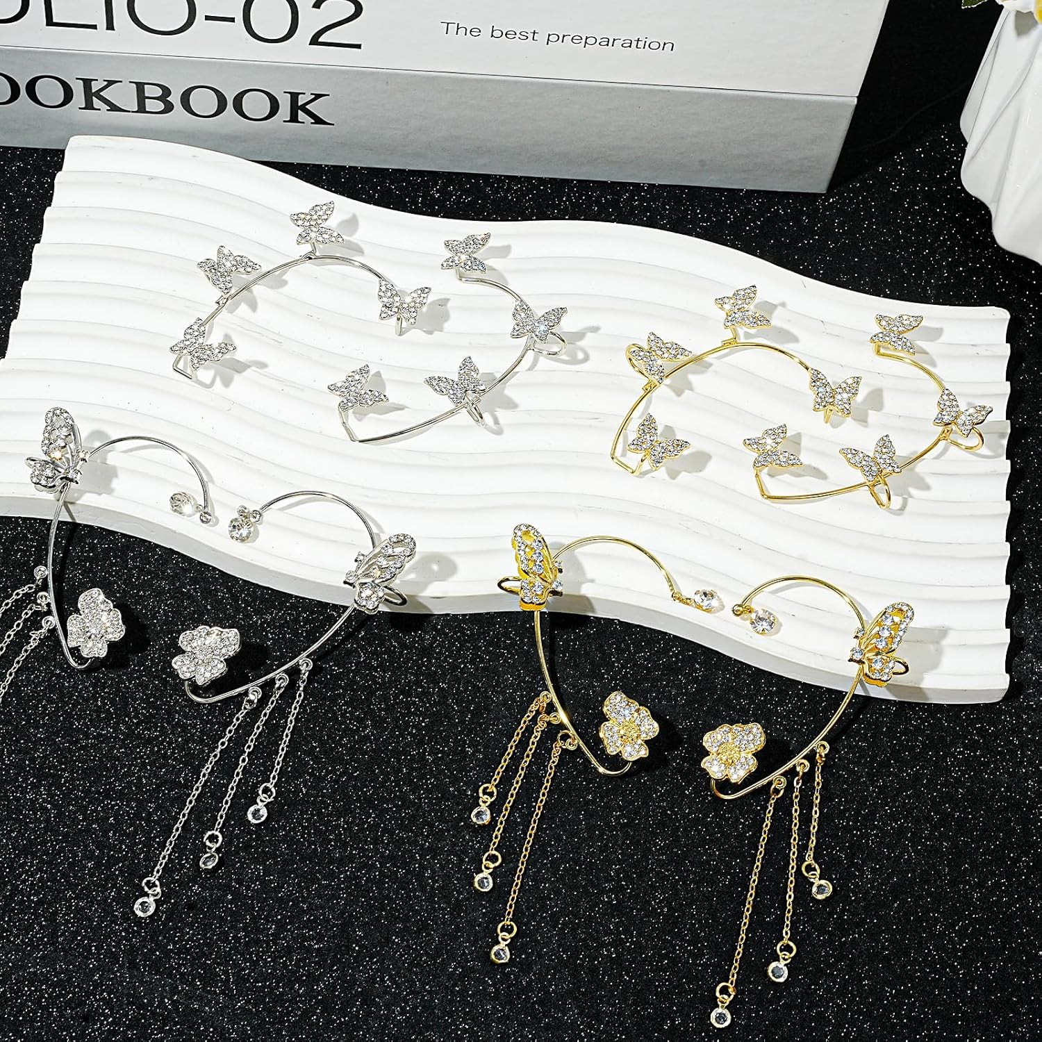 4Pair Gold & Silver Butterfly Earrings for Women,No Piercing Bling Butterfly Tassel Style Rhinestone Fairy Ear Cuffs for Women Jewelry - Image 4