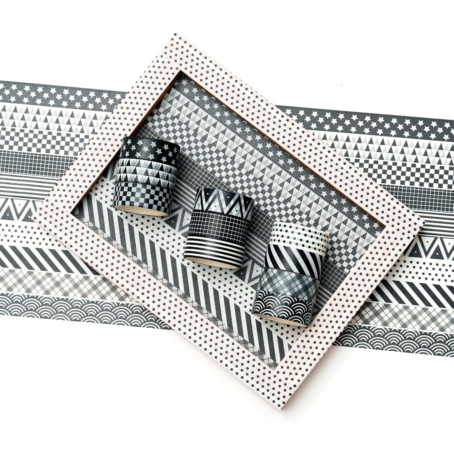 Basic Washi Tape Set 10 Rolls Black White Decorative Dot & Grid Masking Tapes for Journals, Planners, Scrapbooking, Gift Wrapping, DIY Crafts