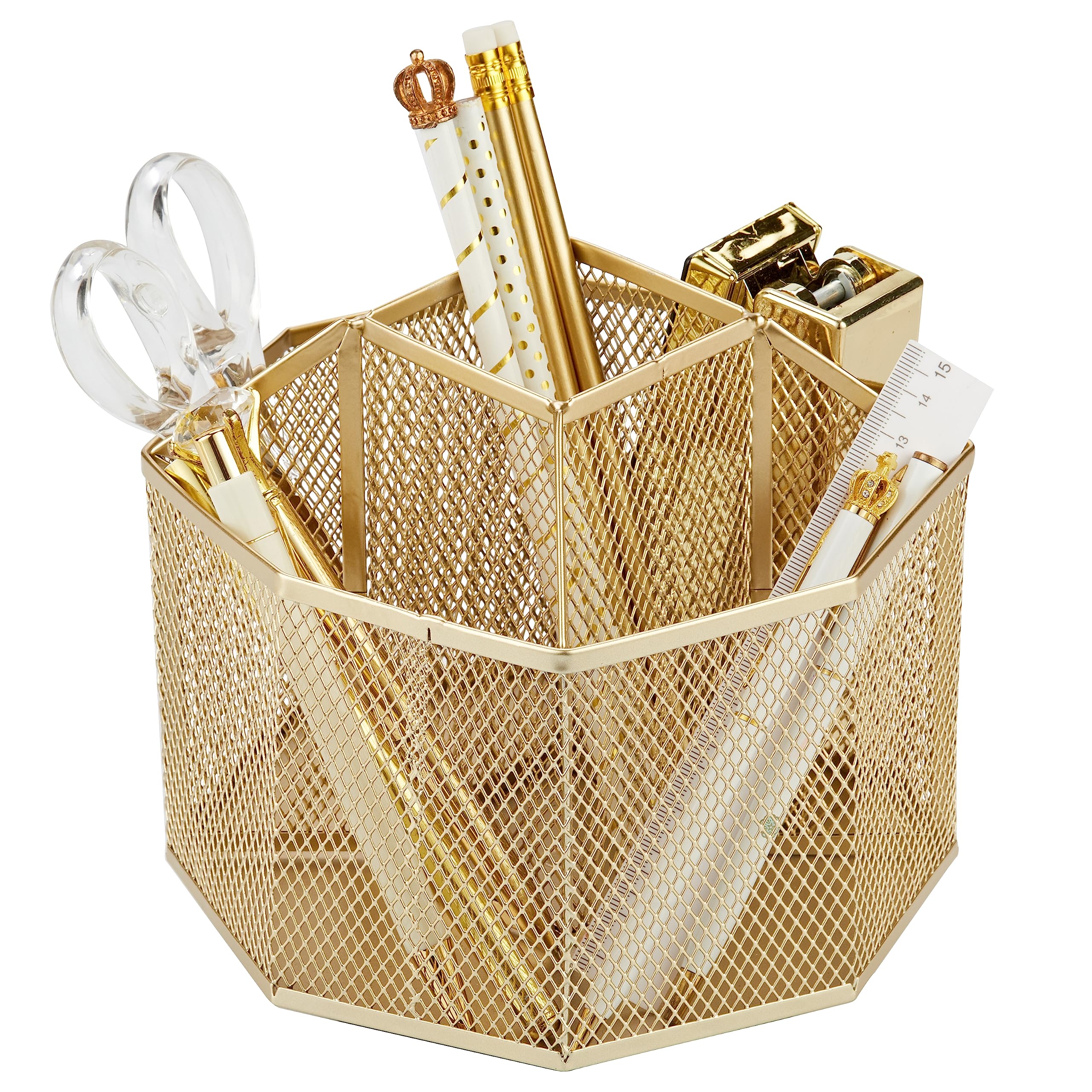 Annova Organizer Da Scrivania In Rete Girevole Con 5 Scomparti, Per Riporre Caramelle, Penne, Ufficio, Forniture Artistiche, Per Riporre Oggetti, Aula, Casa (Gold)-image