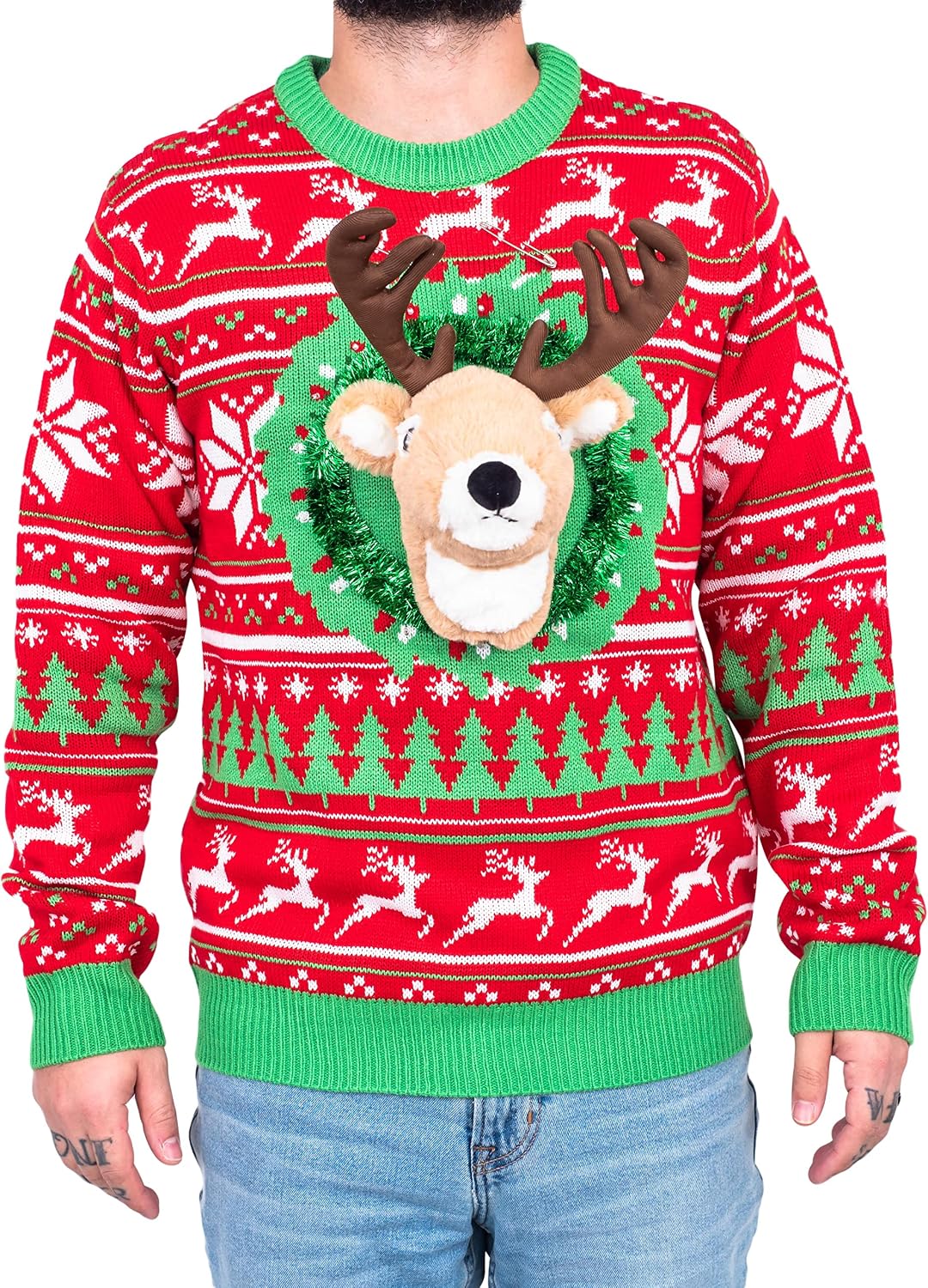 Reindeer Trophy Head 3D LED Lights Ugly Christmas Sweater