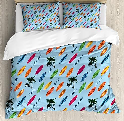 Ambesonne Juego de funda de edredón para tabla de surf, exóticas palmeras y tablas de colores para deportes acuáticos, actividades divertidas, juego