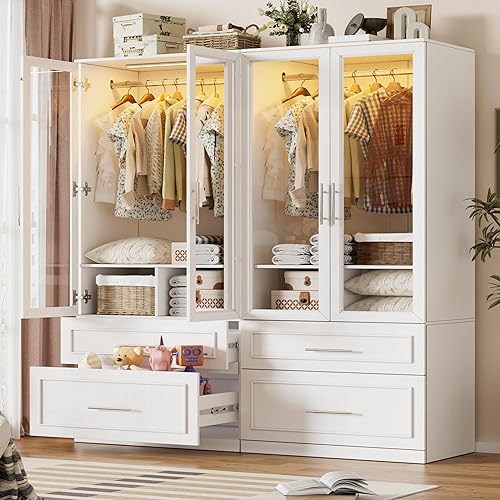 PAKASEPT Armoire Wardrobe Closet with Glass Door and Drawers, Bedroom Closet Wardrobe Cabinet with Hanging Rod, Lighted Freestanding Armoire Storage Cabinet for Bedroom Cloakroom White