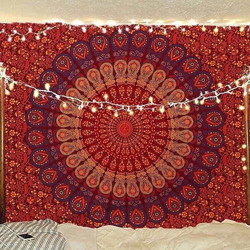 Miniatura 6 de Tapiz hippie indio bohemio psicodélico dorado mandala de pavo real azul dorado para colgar en la pared (marrón dorado, granate, individual (54 x 72