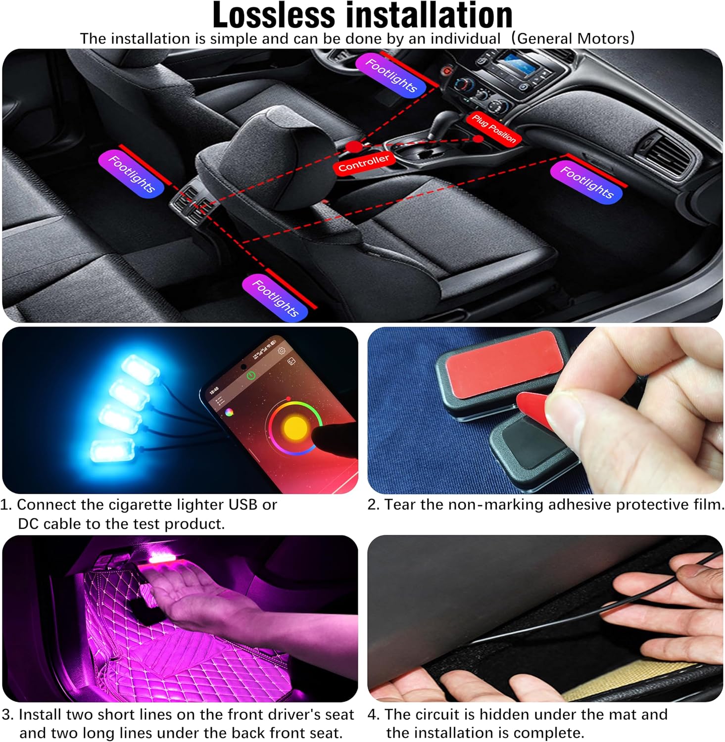Car Ambient Lighting Kit 64 Colors Multicolor Music Footwell Lighting RF Remote + APP Control Car DIY Decorative Atmosphere Lighting DC 12V 1W