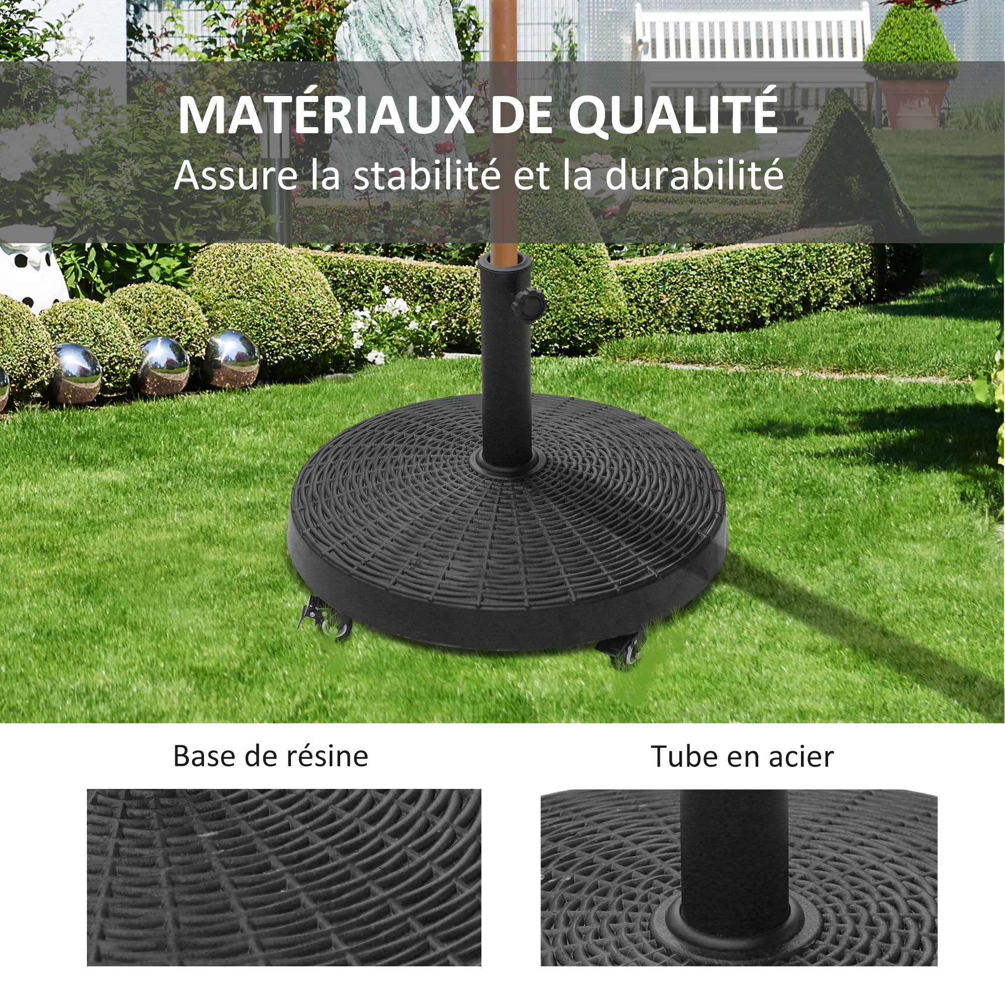 Outsunny Pied de Parasol Base de lestage Rond Poids Net 22,7 kg en résine avec 4 roulettes - dim. Ø 52 x 41H cm - Noir