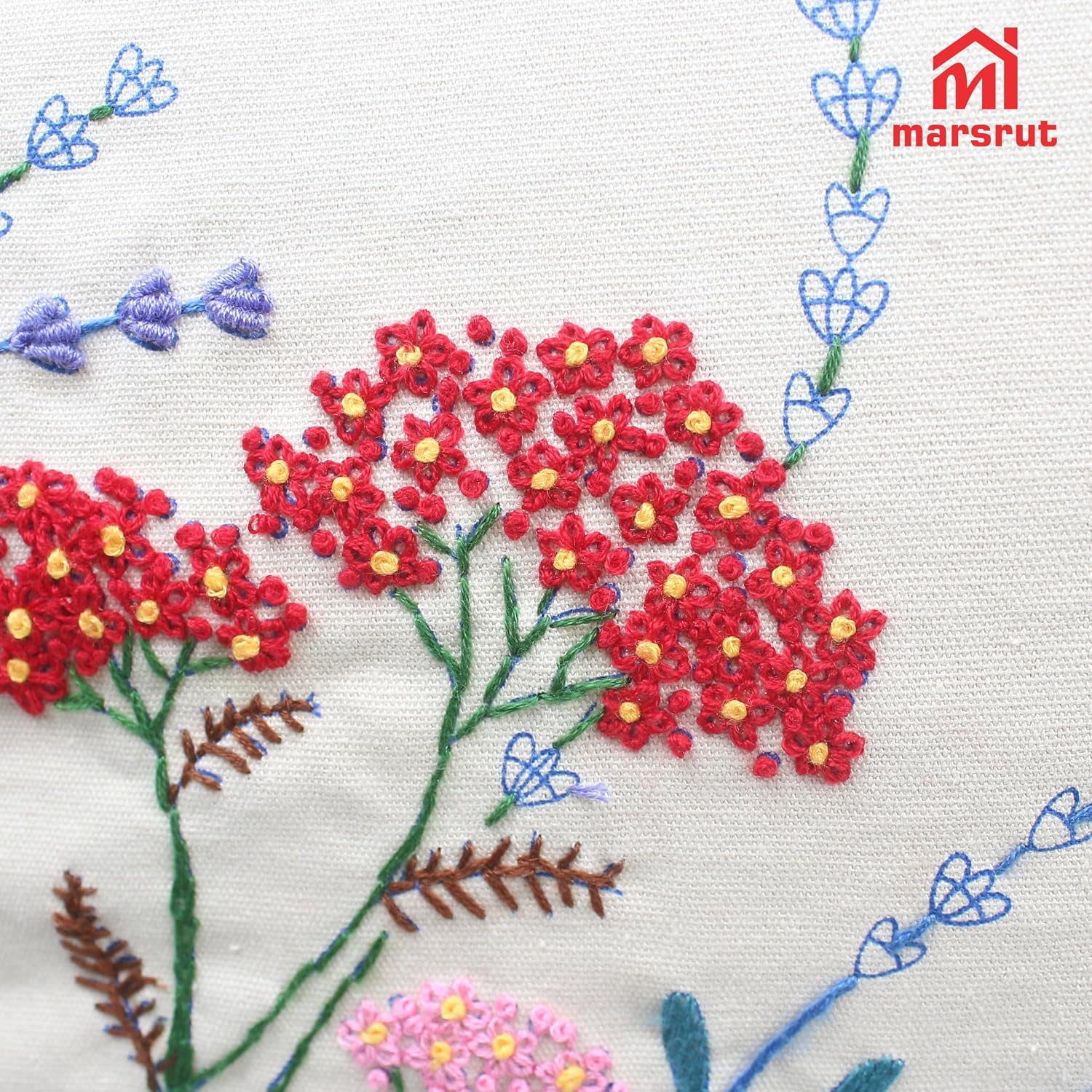Marsrut 2 Set of Embroidery Pillow Kit Including Pillowcase Cover Cushion Case with Large Drawings and Zipper, Threads, Needles & Instruction Kits for Lace Crewel Craft, No Pillow Core (Red Flower)