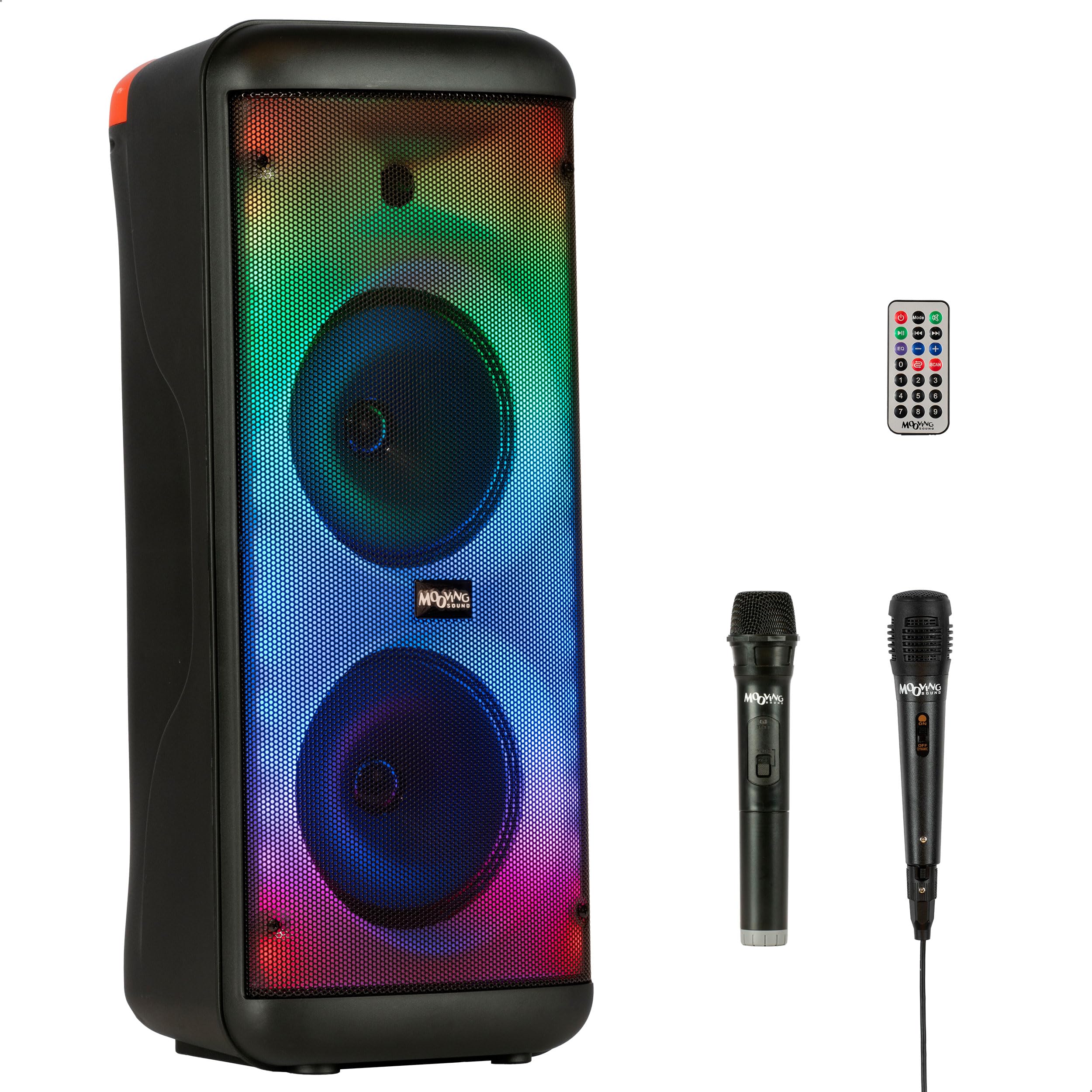 Mooving - MS-ELECTRO-SOUND600 - Altoparlante a batteria da 8"/600W con effetto luce sul pannello frontale, 1 microfono cablato e 1 wireless - Bluetooth/USB/AUX/MicroSD - Nero