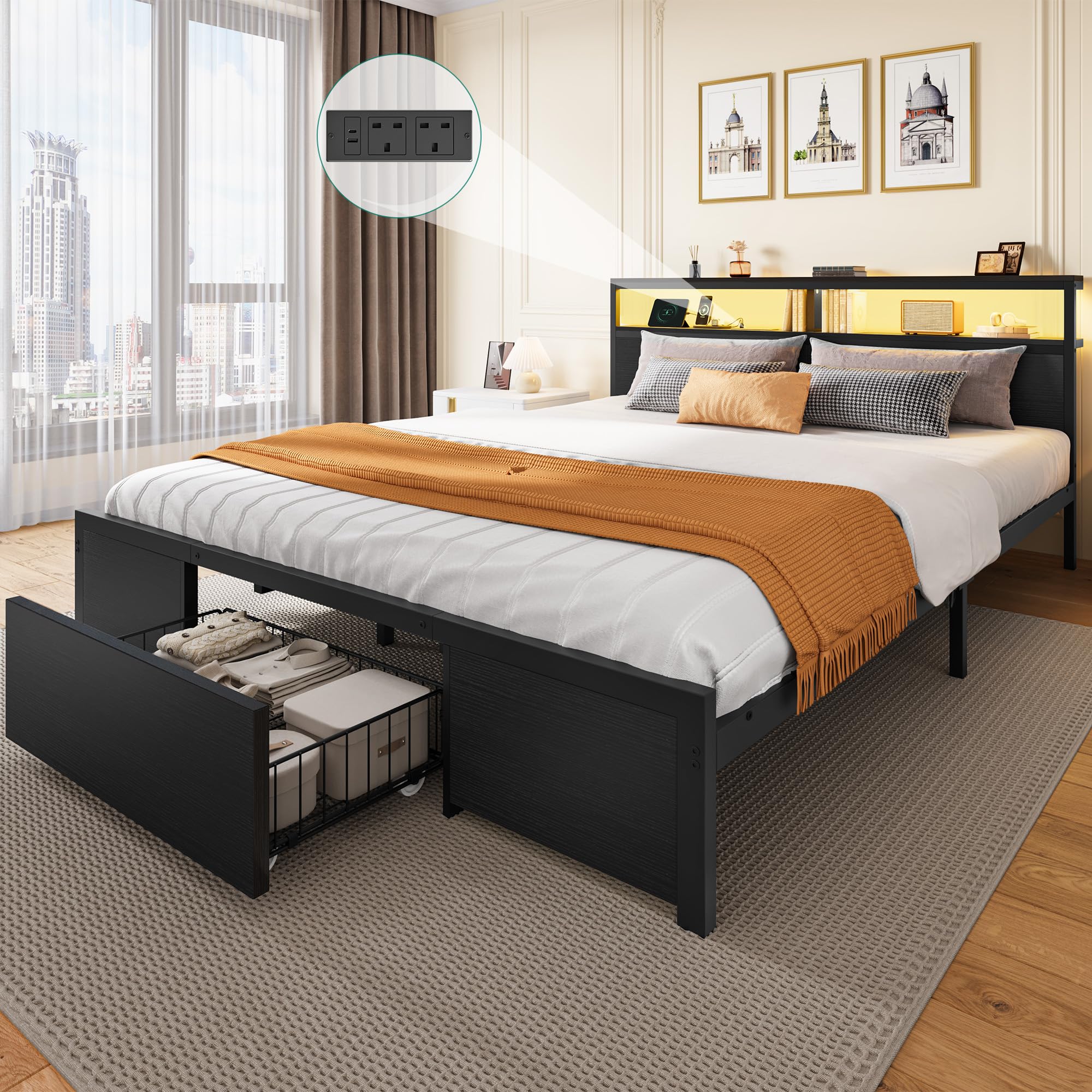 YITAHOME Bed Frame,LED with Headboard,Type-C USB Ports & Charging Outlets,Metal Platform Bed Frame No Box Spring Needed Super King Size Black