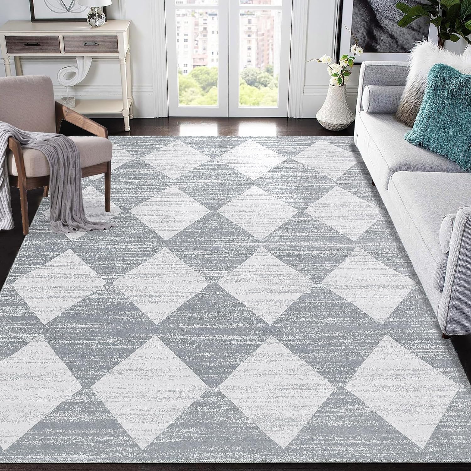GarveeHome 4x6 Washable Throw Rugs for Bedroom Living Room Geometric Checkered Accent Rug Distressed Office Carpet Neutral Soft