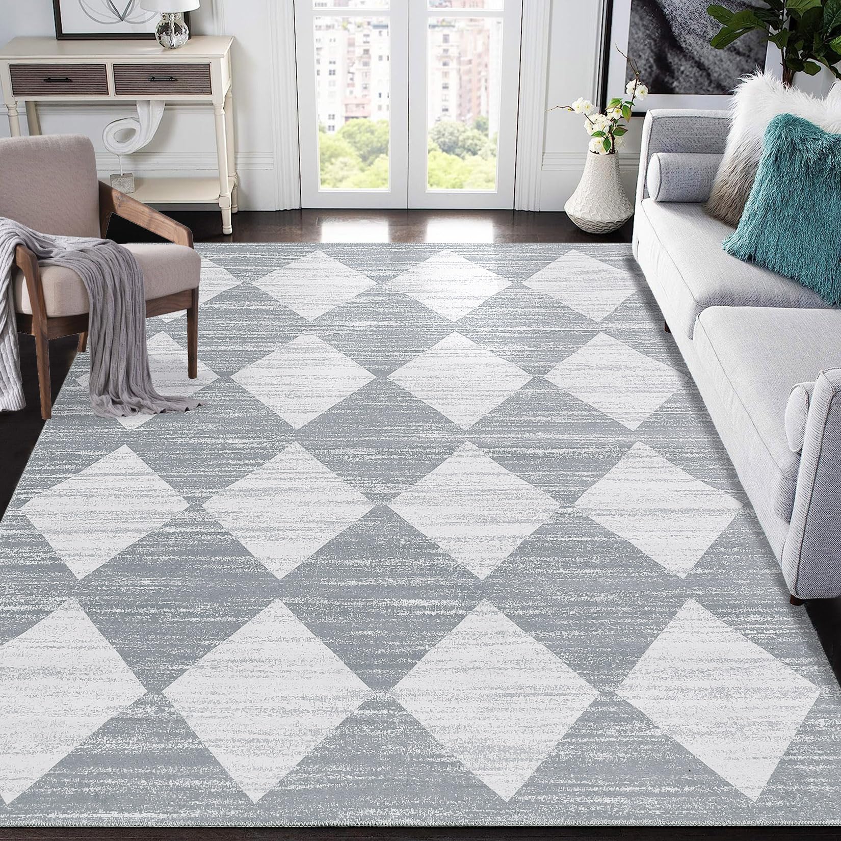MilleLoom 10x13 Area Rug Extra Large Machine Washable Rugs, Modern Checkered Rug Geometric Stain Resistant Non-Slip Floor Cover Accent Carpet for