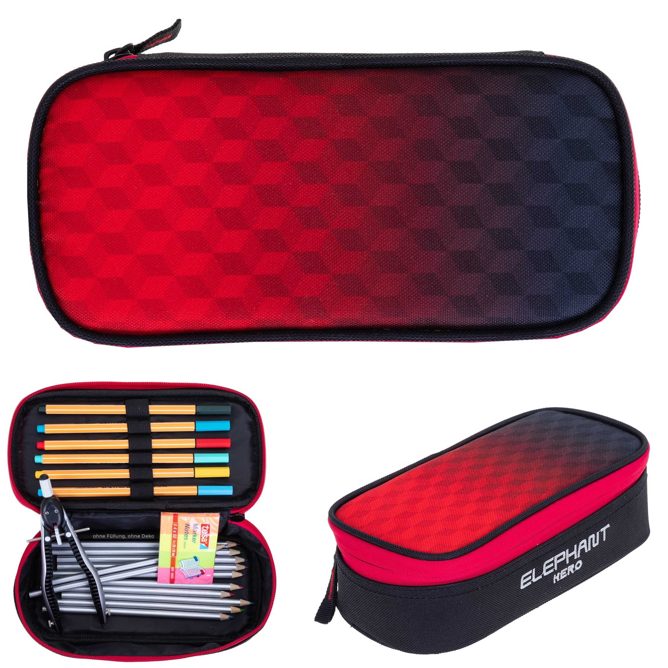 Elephant Schulrucksack Rucksack 3tlg.Set 12868 Red Cube +rsm | 3 Teile Bag Pack Rucksack Schultasche Sporttasche Mäppchen Box Schule Jungen Mädchen Laptopfach Rot Schwarz