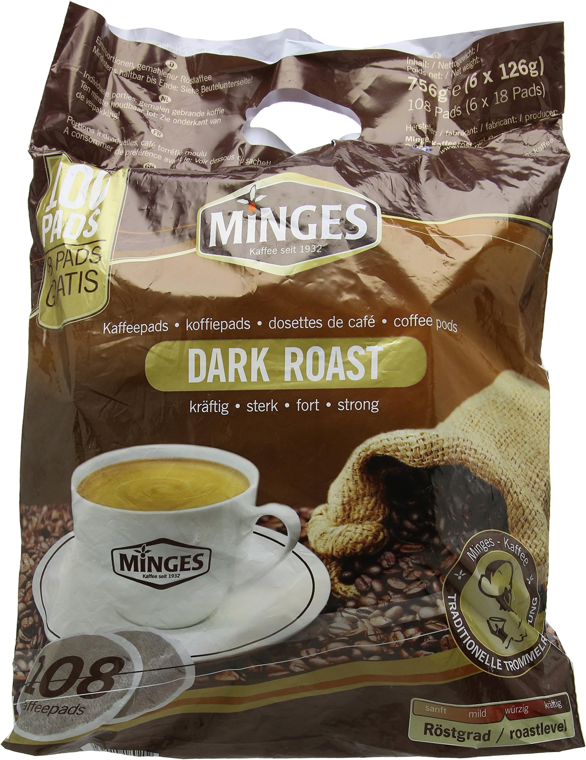 Minges Café Crème Dark Roast Mega Pack, 6 x 18 Coffee Pods (100 + 8 Free, Aroma Soft 756 g Single Pack (756 g)