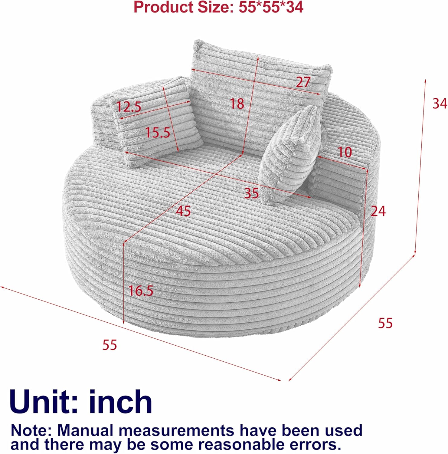 Diagram showing the dimensions of the TTK 55-inch Oversized Round Corduroy Chaise Lounge Chair.