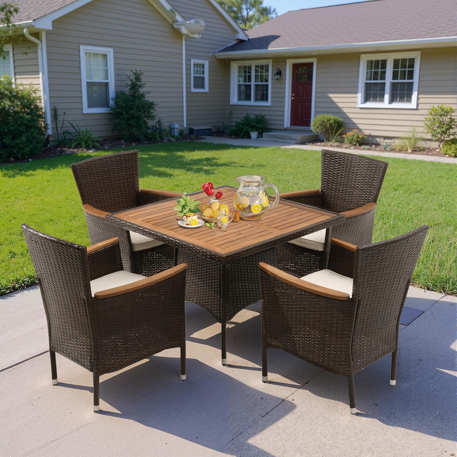 Wisteria Lane Rattan Outdoor Patio Dining Set with Acacia Wood Tabletop, Removable Cushions, Weather-Resistant Chairs for Deck Garden Backyard (Brown)