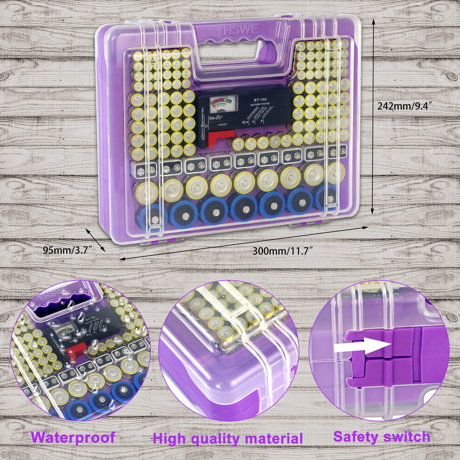 yohosa Battery Organizer Storage Holder Case , Battery Storage Holder with Tester , 230+ Battery Holder AA AAA AAAA C D 9V 3V (Box Only , Purple )