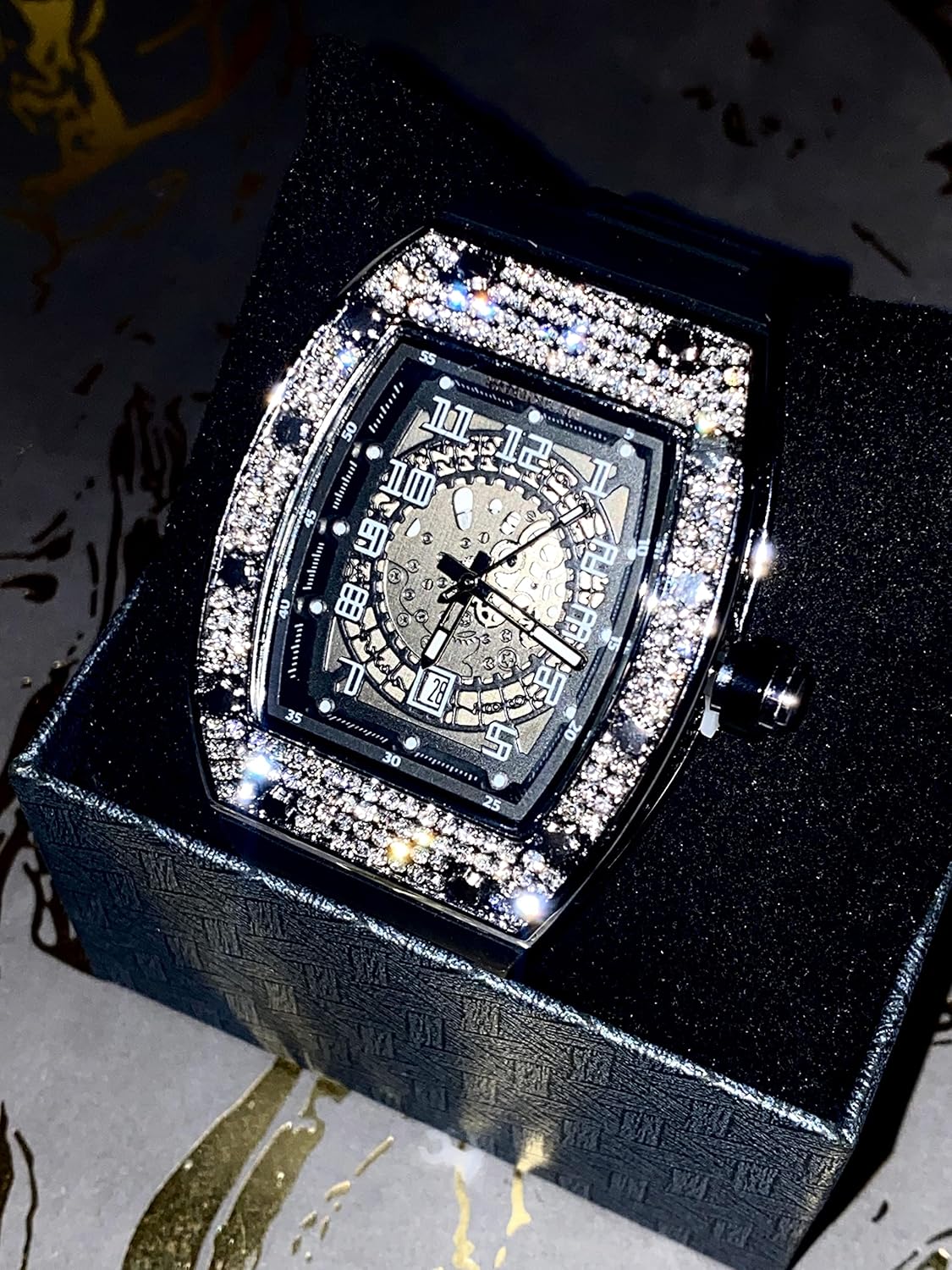 Men's Luxury Square Silver Dial Wrist Watch with Black Band, Iced Out CZ Diamond Bracelet, Roman Numeric Dial, Hip Hop Rapper Choice Bust Down Watch for Men and Women