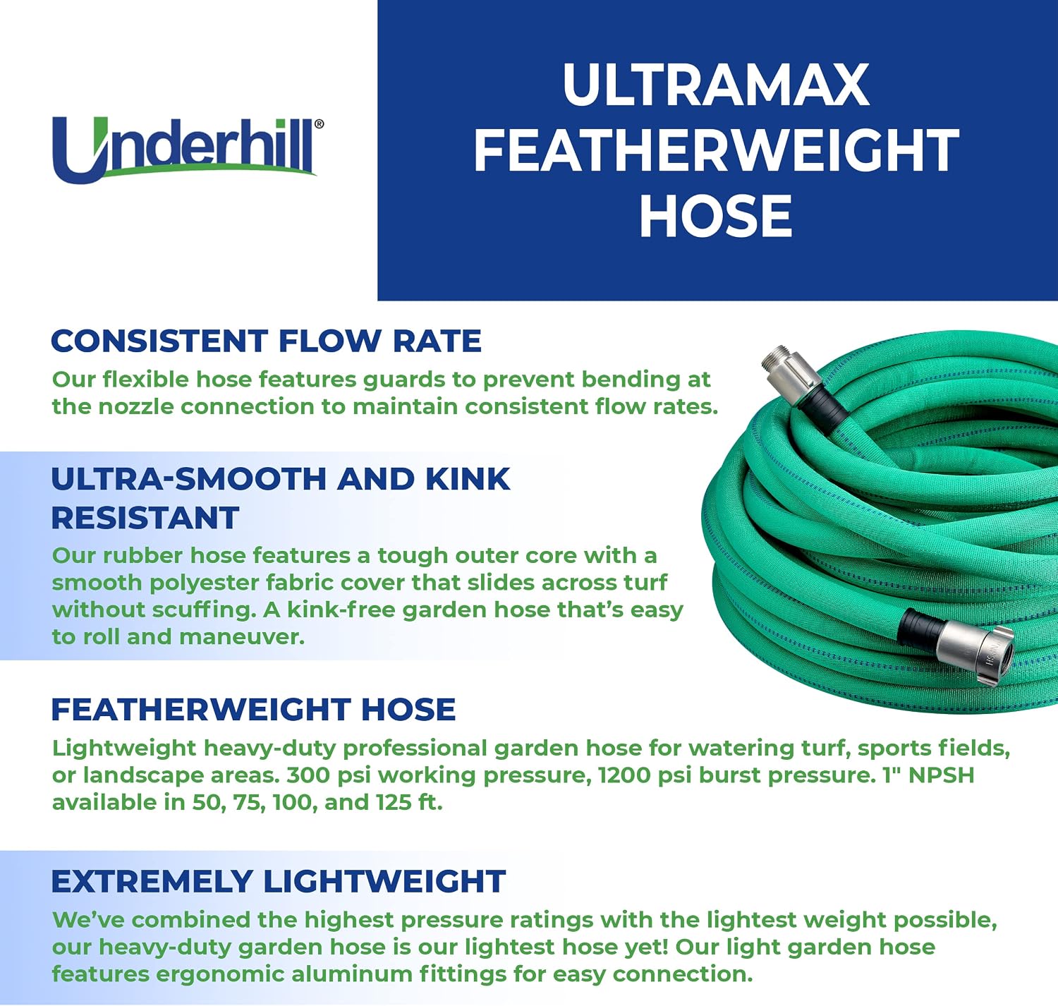 Underhill UltraMax Featherweight Lightweight Garden Water Hose 50 ft, Anti-Kink, 300 psi WP, 1200 psi BP, H10-050FW, 1 Inch x 50 ft NPSH, Green