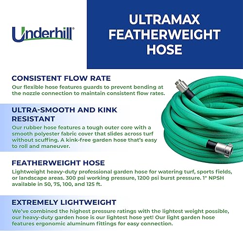 Miniatura 3 de Underhill UltraMax - Manguera de agua ligera para jardín de 50 pies, antitorceduras, 300 psi WP, 1200 psi BP, H10-050FW, 1 pulgada x 50 pies NPSH,