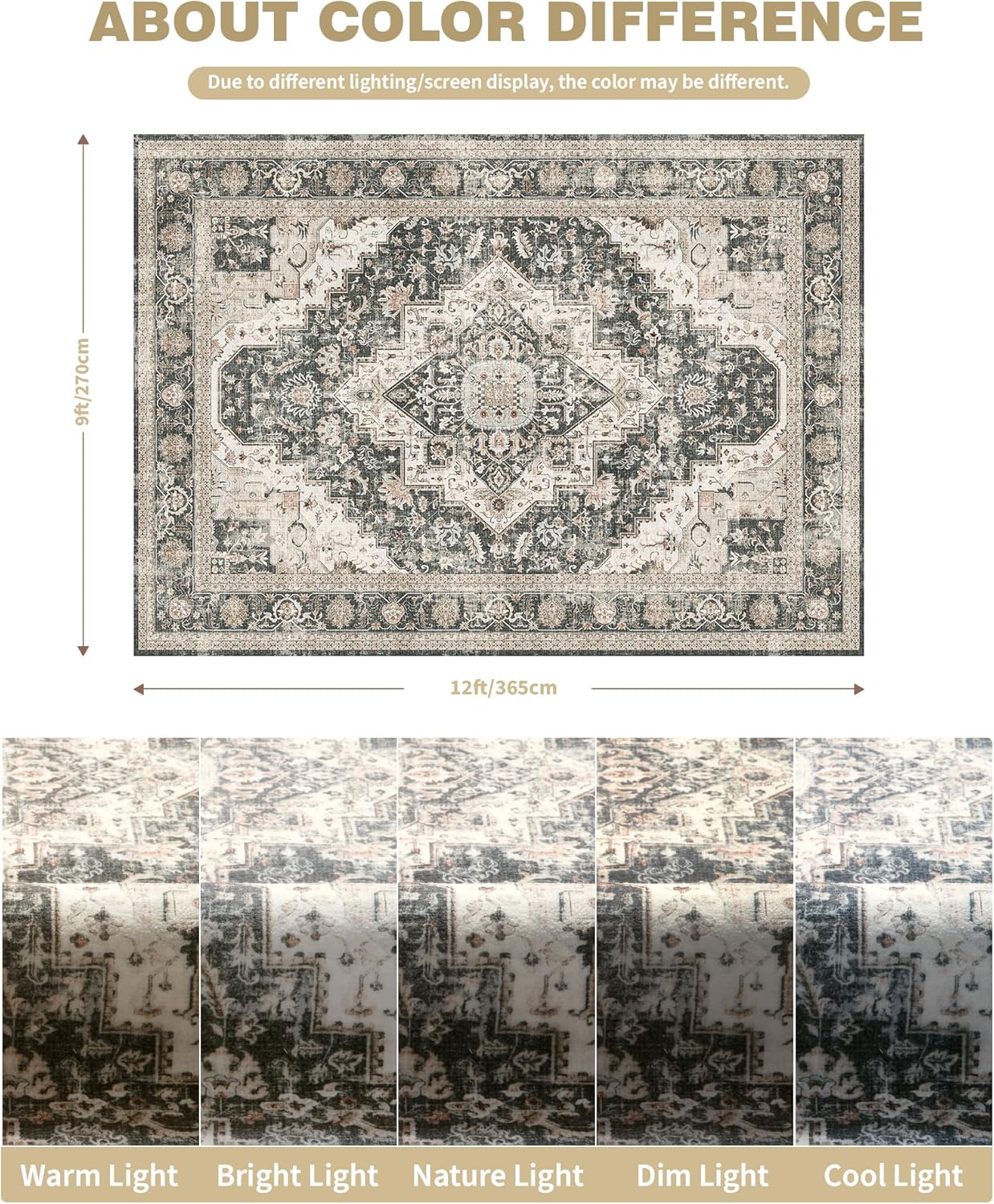 washable rugs 9x12, large area rugs 9x12 living room with non-slip backing, super-soft floral vintage rug, low pile area rug for bedroom, dining room, office (black/beige, 9'x12') black/beige 9' x 12' (rectangular)