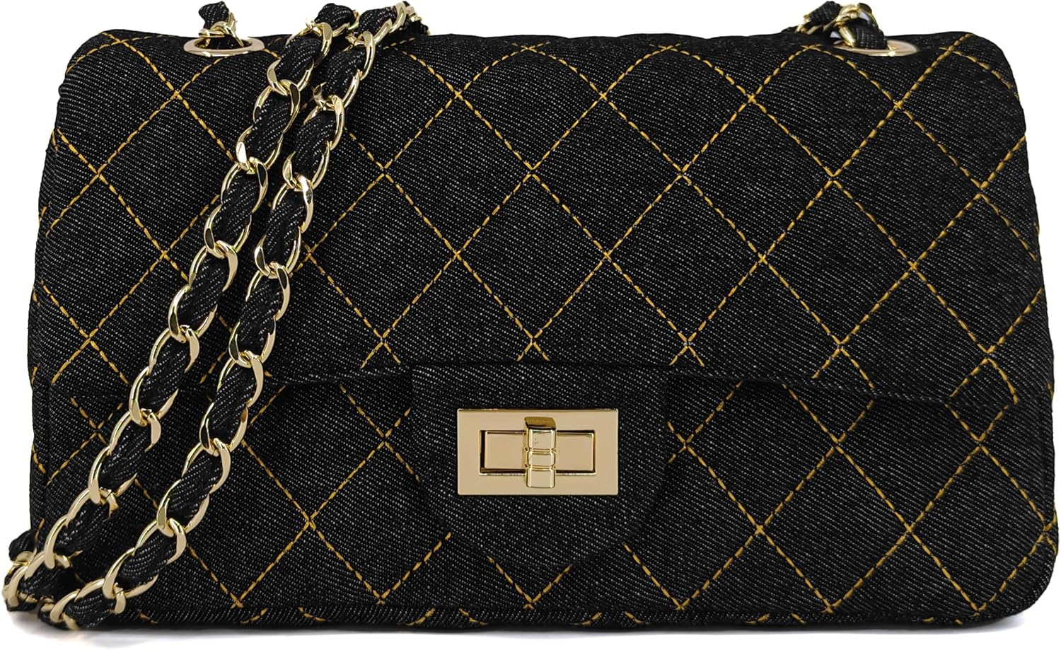 Quilted Denim Crossbody Bags for Women, Chain Strap Shoulder Bags, Medium Double Flap Purse, Gold Hardware Jean Purse