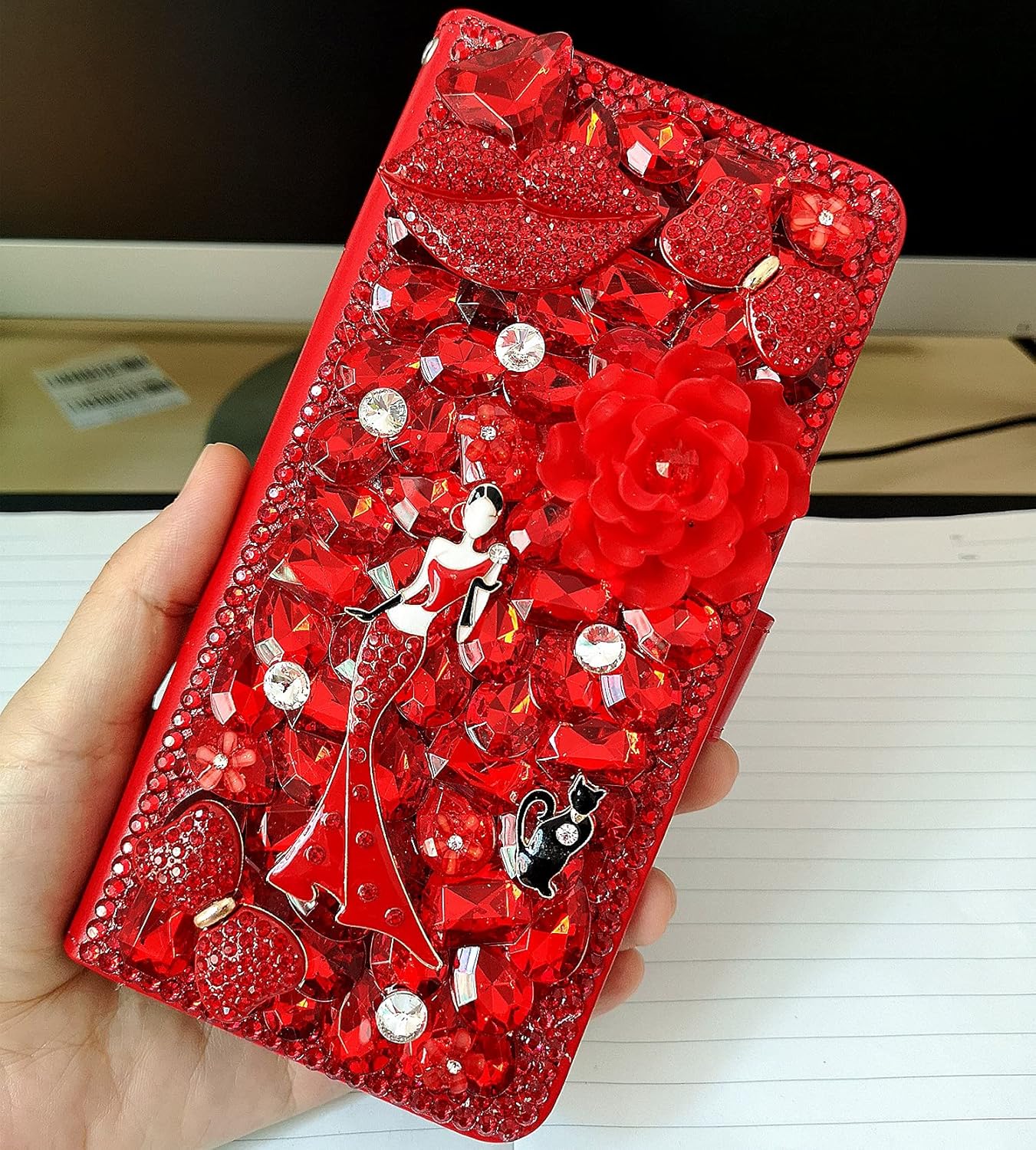 Girly Wallet Case with 2PCS Glass Screen Protector Bling Diamonds Leather Filo Stand Wallet Phone Cover with Lanyards for Women (Red Sexy Lipstick Girl cat,for TCL 30 XE)