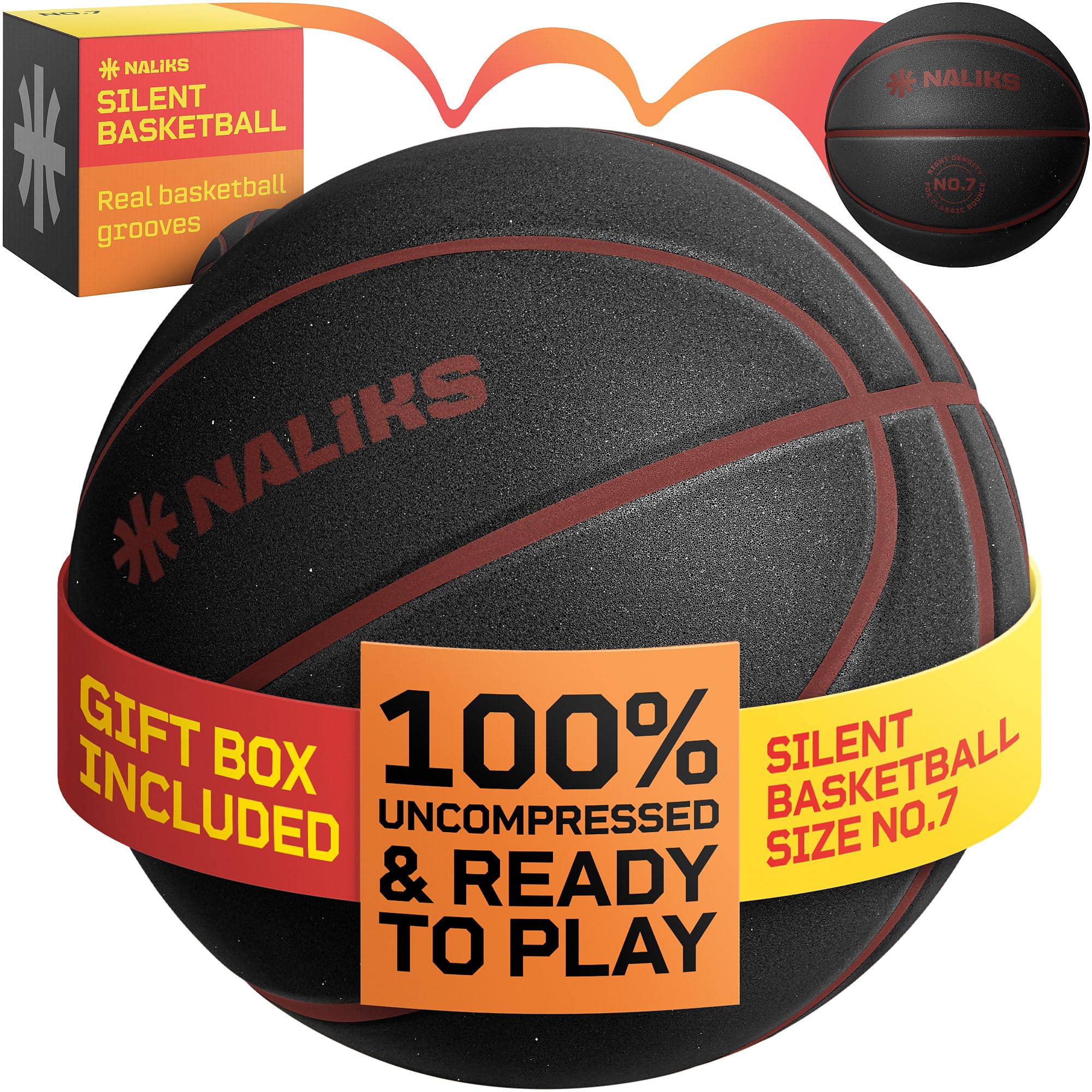 NALIKS Silent Basketball Size 7, 29.5” – Airless Indoor Basketball | Gift Box Included, Pro PU Foam Basket Ball, for Quiet Dribbling Indoor, Real Grooves, 90% Bounciness, 12.7 Oz, Black Color
