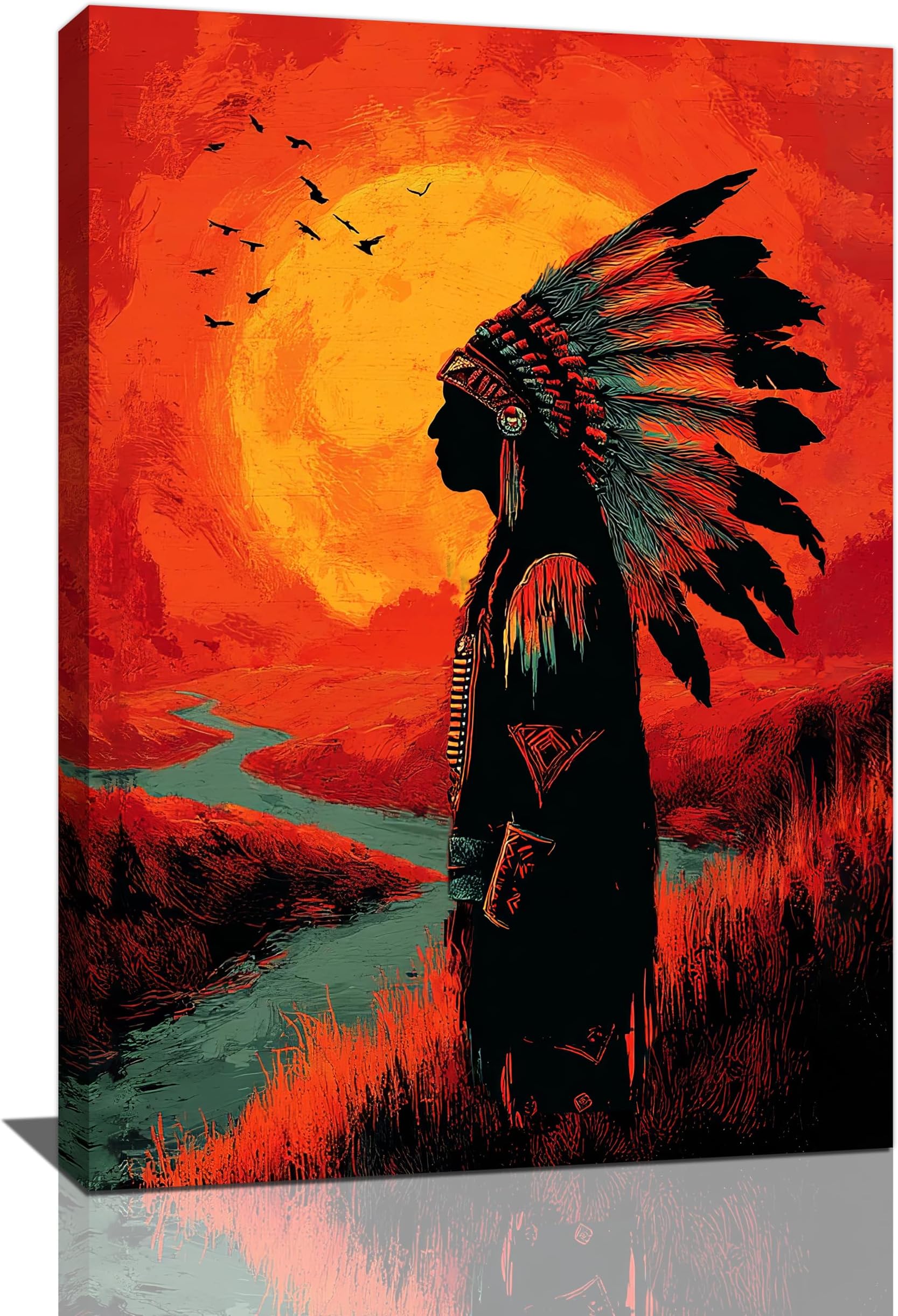 Native American Wall Art Indian Tribe Wall Decor Feather Canvas Pictures Vintage Landscape Paintings Prints Traditional Artwork Framed Decorations For Bathroom Bedroom Living Room Office Gifts 16" x