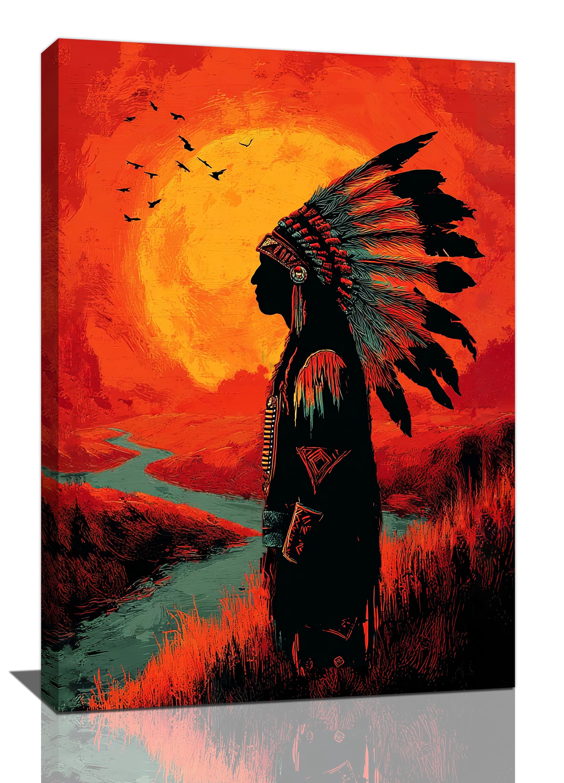 Native American Wall Art Indian Tribe Wall Decor Feather Canvas Pictures Vintage Landscape Paintings Prints Traditional Artwork Framed Decorations For Bathroom Bedroom Living Room Office Gifts 16" x