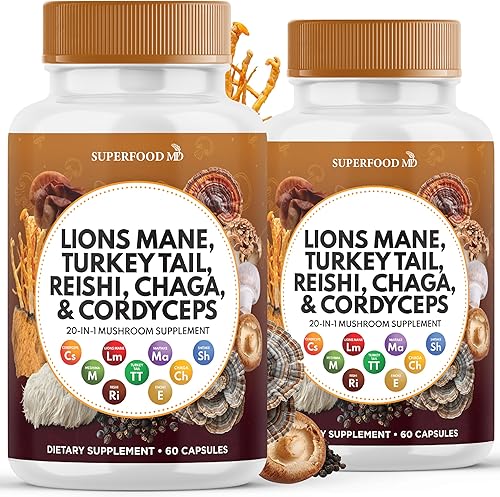 Lions Mane 3000 mg 20 en 1 suplemento de hongo con cola de pavo 2000 mg Reishi 1000 mg Cordyceps Chaga 1000 mg con raíz de malvavisco - 120 unidades