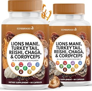 Superfood MD Lions Mane Mushroom Supplement with Turkey Tail Reishi Cordyceps Chaga with Marshmallow Root - 120 Count