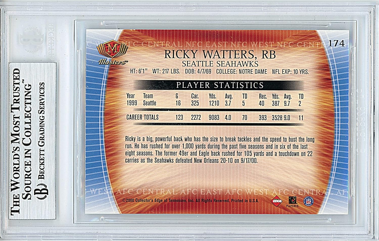 Ricky Watters Autographed 2000 Collectors Edge Masters Retail #174 Football Trading Card Slab Beckett BAS Authentic Slabbed COA Played For Seattle Seahawks NFL