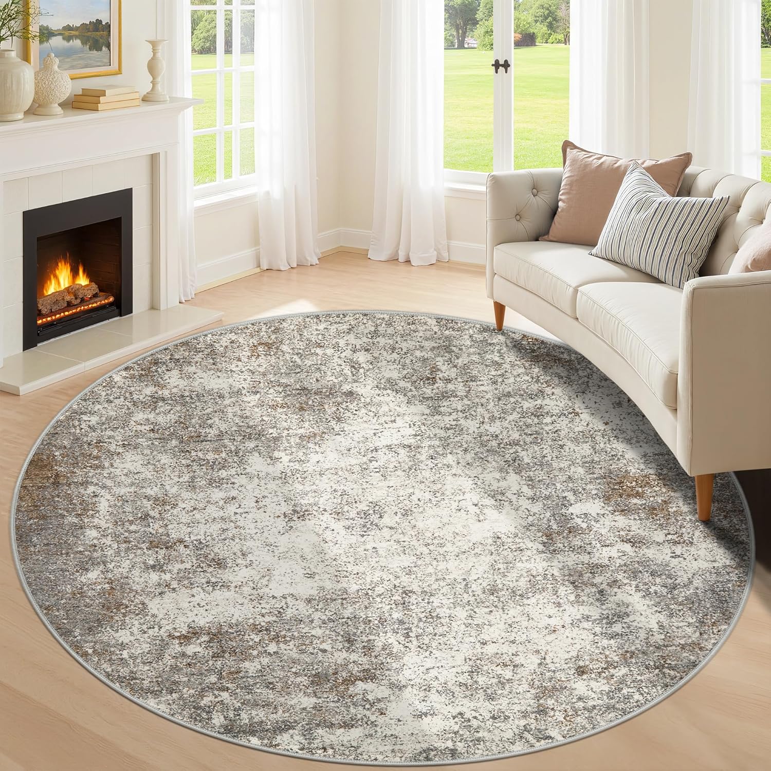 8ft Washable Round Rug - 8x8 Area Rugs Modern Abstract Rugs for Living Room Non-Slip Low Pile Soft Machine Washable Carpet for Bedroom, Living Room, Dining Room, Nursery, Farmhouse (8'x8' Brown Grey) 8' (Round) Brown Grey