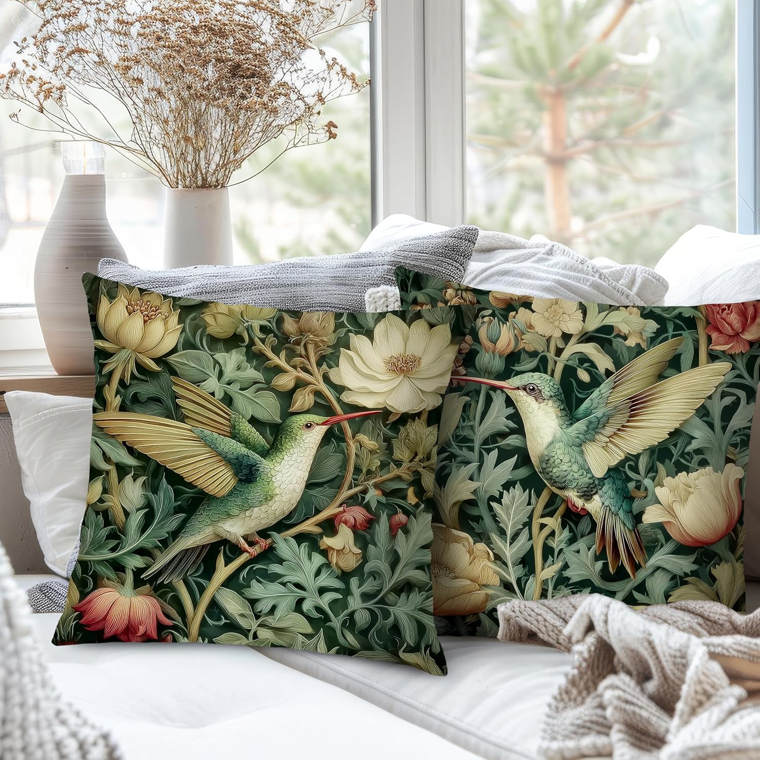 Vintage William Morris Hummingbird Pillow Cover 18x18 Set of 4,Rustic Green Hummingbird Bird Animal Floral Botanical Print Decorative Throw Pillow Covers for Home Bedroom Living Room