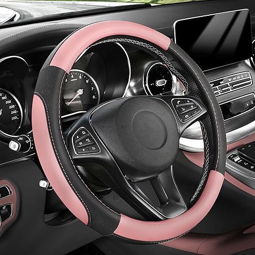 Miniatura 58 de SEG Direct Funda universal para volante de automóvil, de 15 pulgadas, piel de microfibra, color blanco y gris Negro y gris