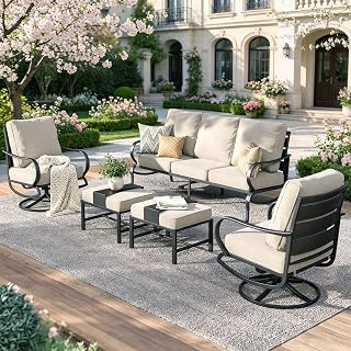 PHI VILLA Gartenmöbelsets 7-Sitzer, 5-teiliges Metall Lounge Möbel Outdoor mit 2 Ottomanen und 2 Schwenkbaren Armstühlen, Modulare Terrassenmöbel Gartenlounge in Beige, E-Coating Schmiedeeisenrahmen