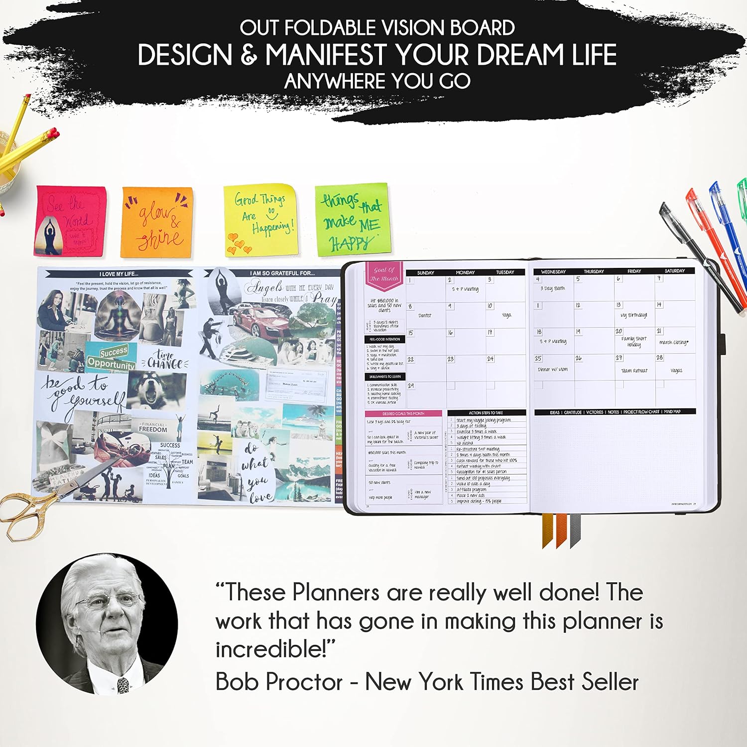 Deluxe Weekly and Monthly Planner | Law of Attraction Planner with Productivity App | 12-Month for Productivity, Gratitude & Goal Setting | Includes Foldable Vision Board, Gift Box & Stickers