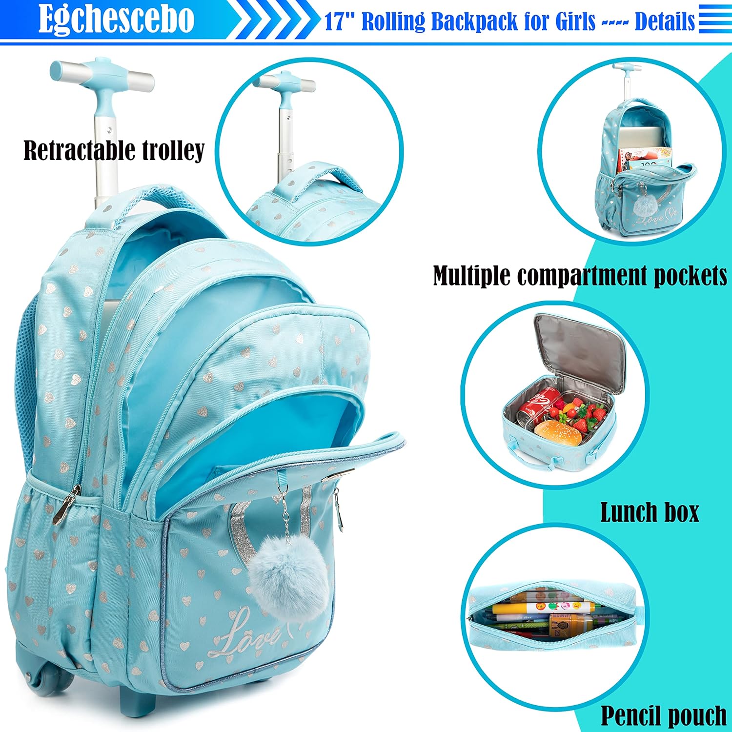Egchescebo School Bags Kids Rolling Backpack for Girls Kids Luggage Suitcase With Wheels