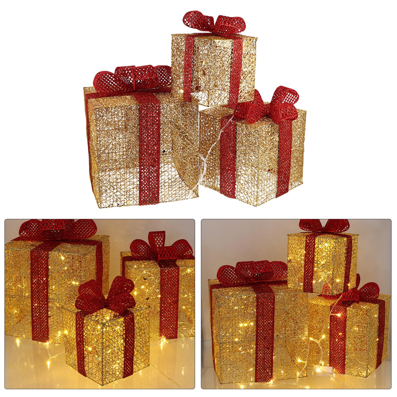 Weihnachtsdekoration LED Geschenkbox 3 Stück Leuchtende Tisch und Fensterdeko Wiederverwendbar Sicher für Senioren