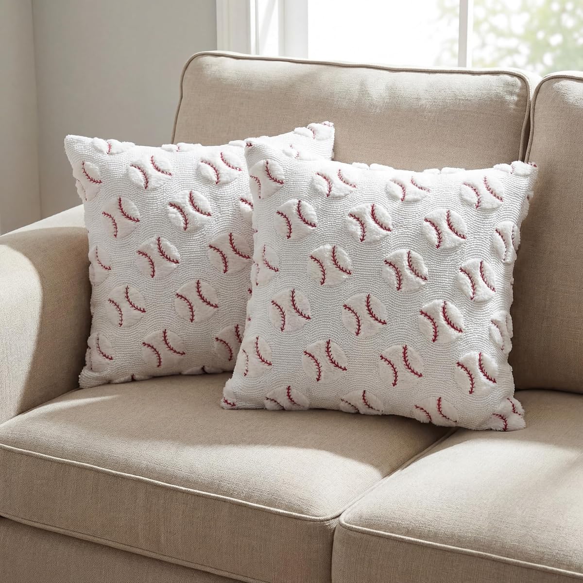2 Pcs Baseball Pillow Covers 18x18 Inch Sport Baseball Pillowcases Embroidery Plush Furry Decorative Cushion Cover Soft Stuff Softball Sports Room Home Sofa Party Decorations for Boy & Girls