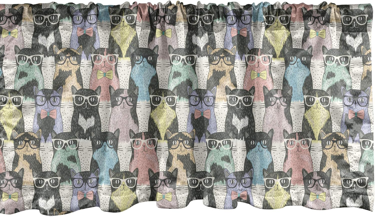 Ambesonne Cat Window Valance, Retro Style Pattern with Cats Hipster Sunglasses Bow Ties Hand Drawn Style Vintage, Curtain Valance for Kitchen Bedroom Decor with Rod Pocket, 54" X 12", Dark Grey