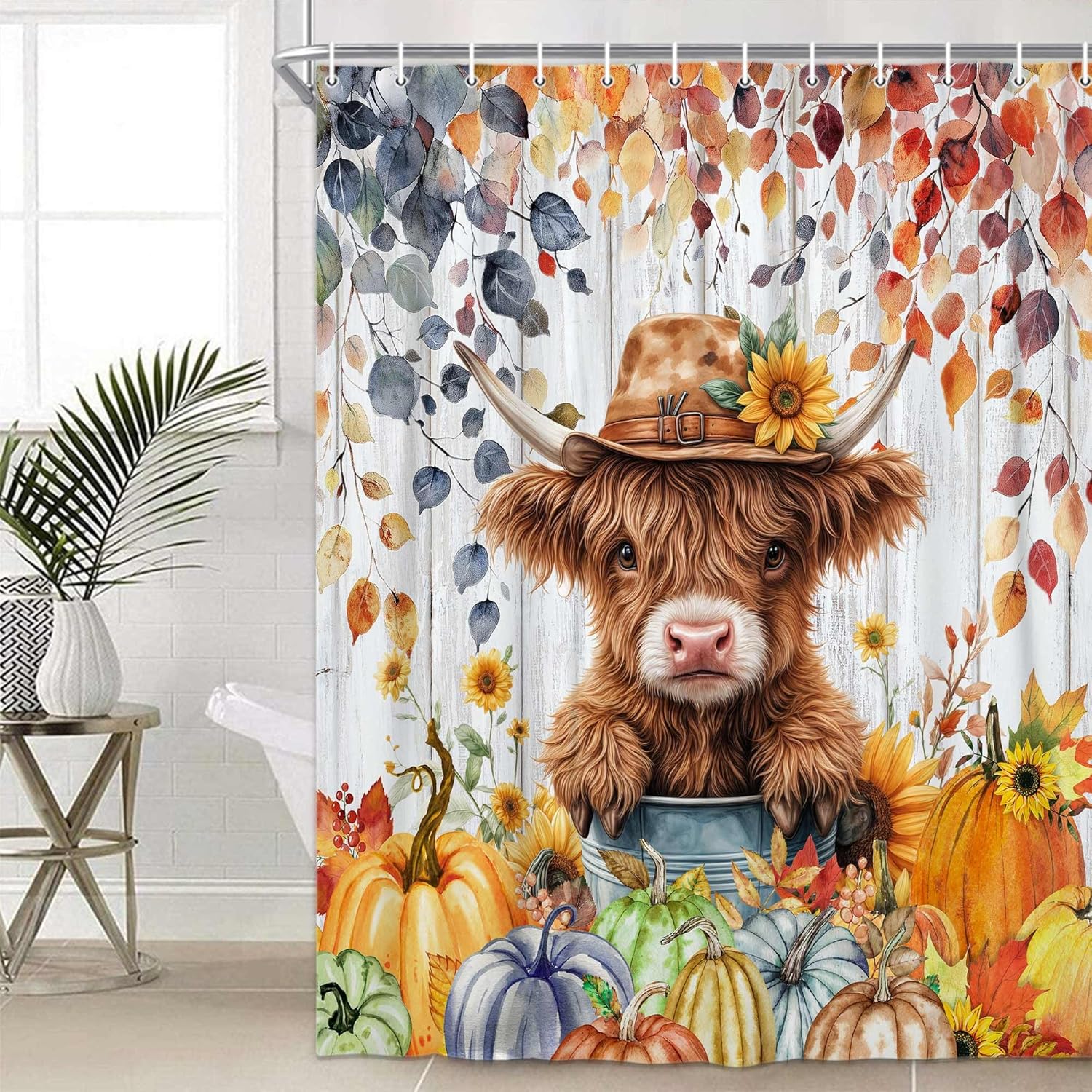 Fall Highland Cow Shower Curtain, Autumn Pumpkin Harvest Maple Leaves Wooden Western Bath Curtain, Funny Animals Thanksgiving Farmhouse Bathroom Shower Curtain Set with Hooks, 70X75IN