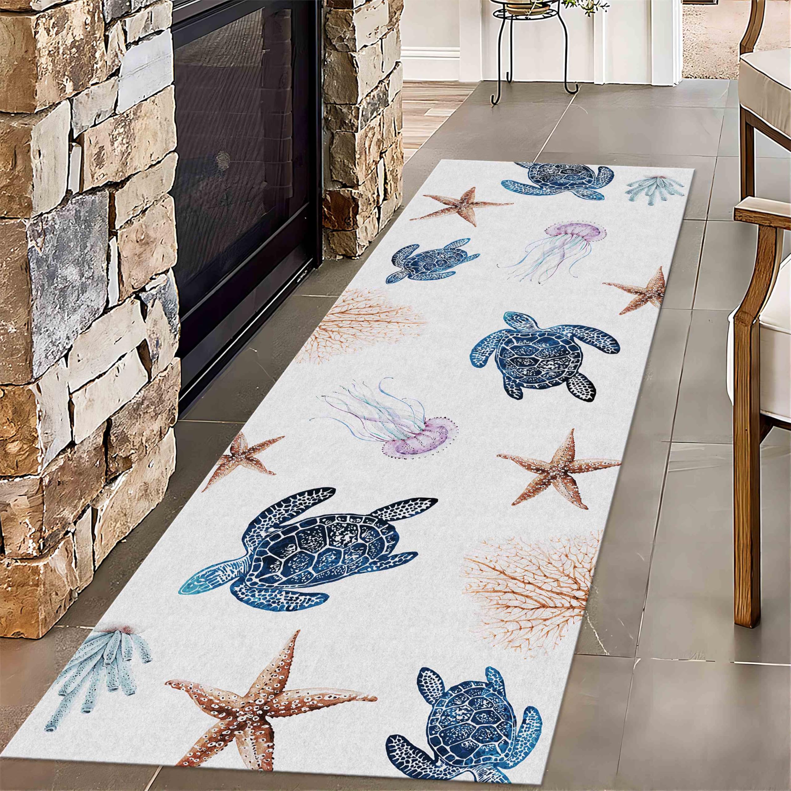 Beach Coastal Runner Rug for Hallway 2.6x7ft Sea Turtle Nautical Rugs Jellyfish Starfish Area Rugs, Turtles Rustic Vintage Non-Slip Floor Carpet