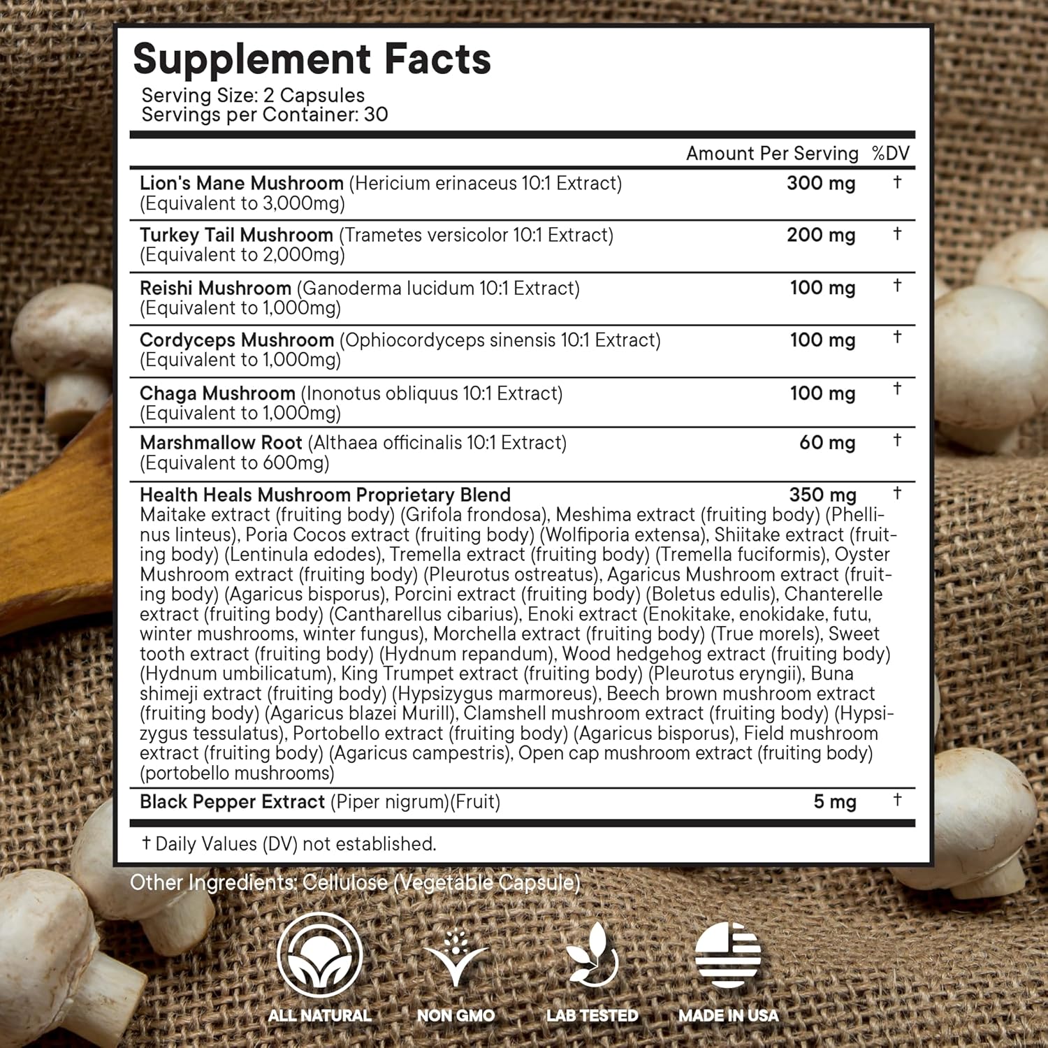 Mushroom Supplement with Lion's Mane Turkey Tail Reishi Cordyceps Chaga Marshmallow Root - 180 Count