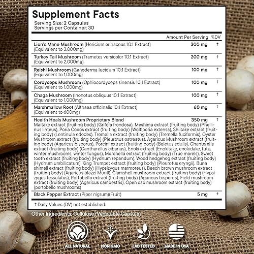 Miniatura 2 de Suplemento de hongos con cola de pavo de melena de león Reishi Cordyceps Chaga raíz de malvavisco - 120 unidades