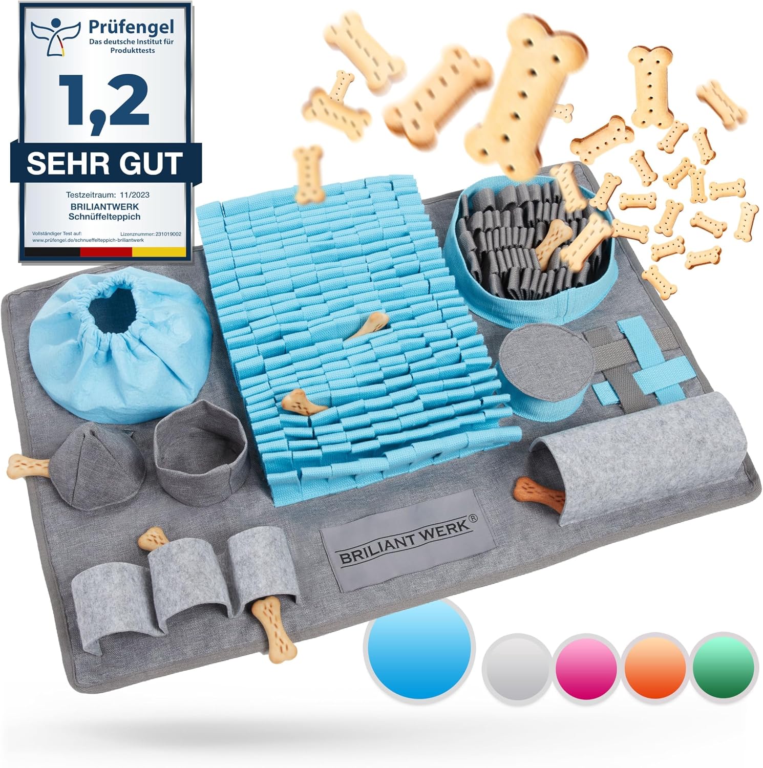 Briliantwerk  Schn ffelteppich Hund   Extrem widerstandsf higes Material - 10 Trainingselemente und 3 Schwierigkeitsstufen   Das Intelligenzspielzeug f r Hunde jeder Gr e Blau