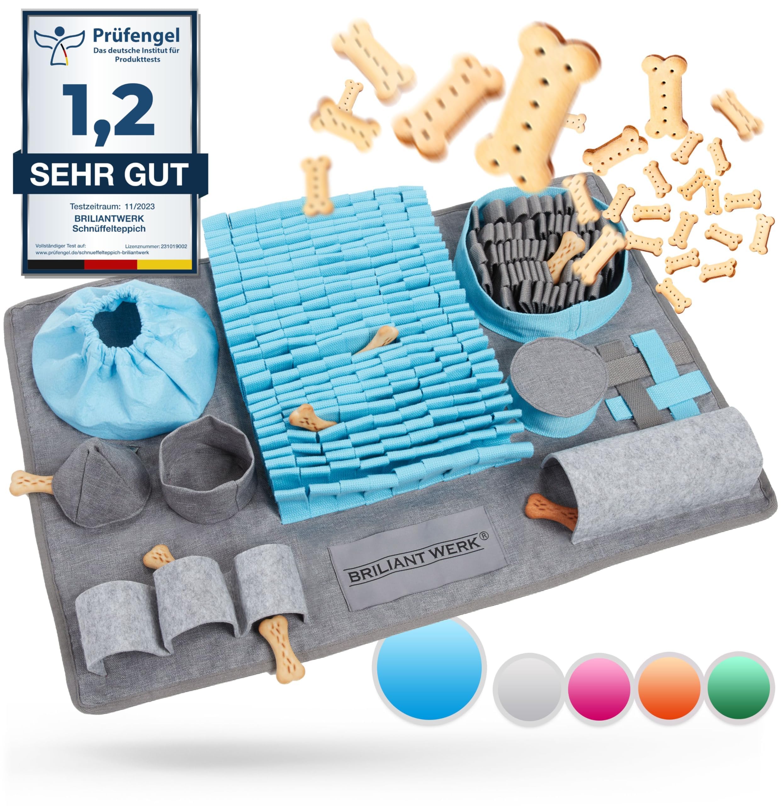 Briliantwerk® Alfombra para olfatear Perro – Material Extremadamente Resistente – 10 Elementos de Entrenamiento y 3 Niveles de dificultad – El Juguete de Inteligencia para Perros de Todos los tamaños