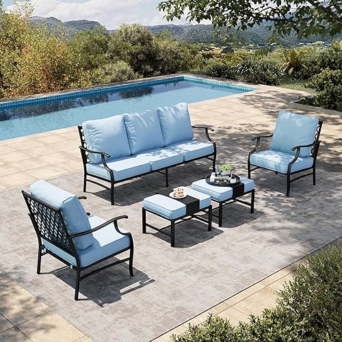 HERA'S HOUSE 5 Piece Patio Furniture Set, 2 x Cushioned Metal Chair, 2 x Ottoman, 1 x 3-Seat Sofa, All Cushioned 7 Seats Outdoor Conversation Set for Lawn Garden Backyard, Blue