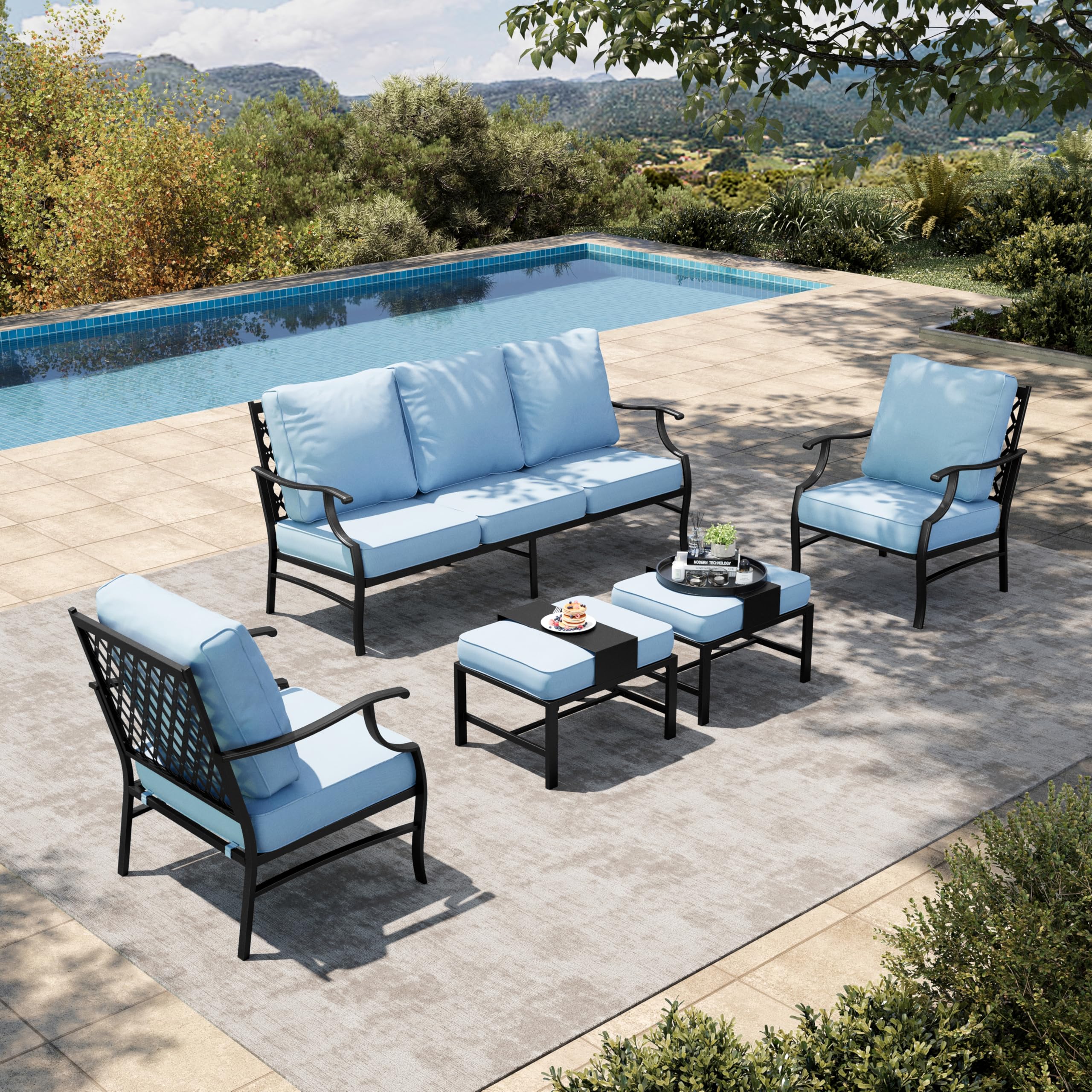 HERA'S HOUSE 5 Piece Patio Furniture Set, 2 x Cushioned Metal Chair, 2 x Ottoman, 1 x 3-Seat Sofa, All Cushioned 7 Seats Outdoor Conversation Set for