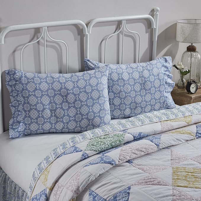VHC Brands Jolie, Farmhouse Ruffled Pillow Cases, Standard, Floral, Blue & Green, 21x26+4, Set of 3